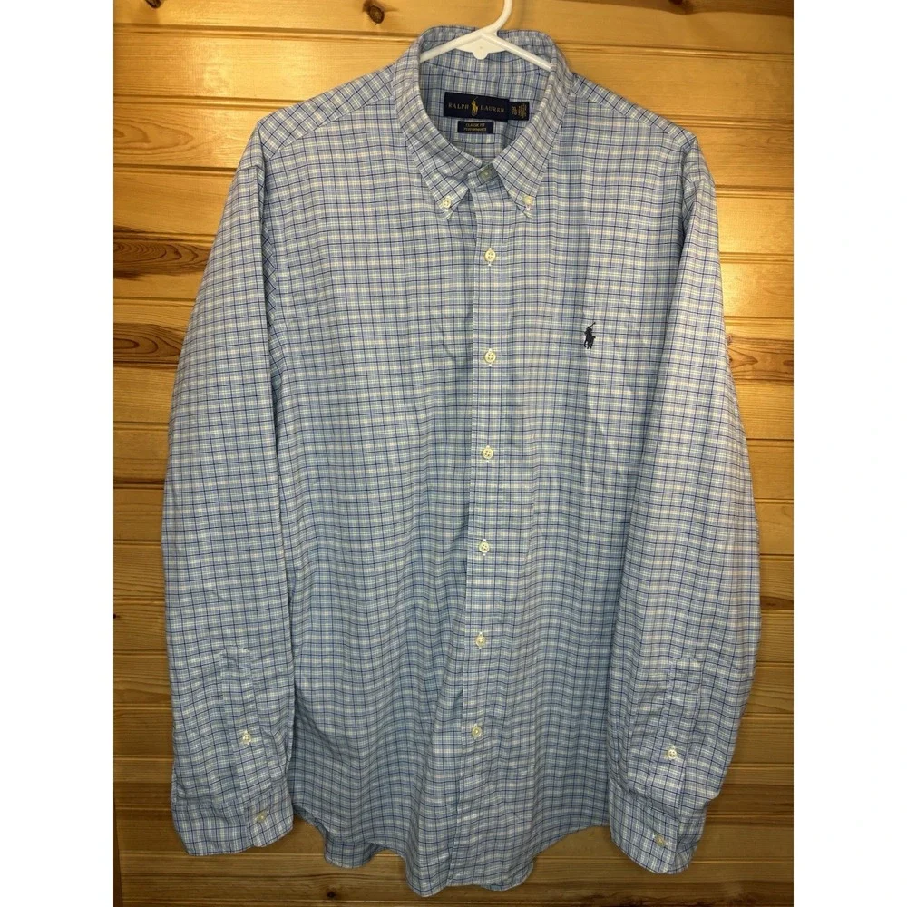 Polo Ralph Lauren Mens Shirt Performance Blue Plaid XL Classic Fit Long Sleeve